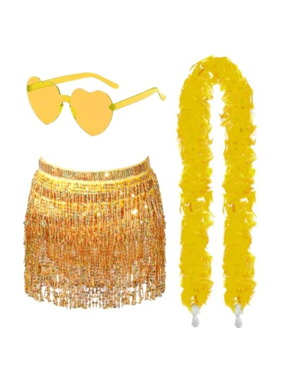 3-Piece Sequin Fringe Skirt Set with Feather Boa & Heart Sunglasses for Raves